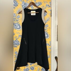 BLAKE STANDARD M black tank dress with tan trim, asymmetrical hem